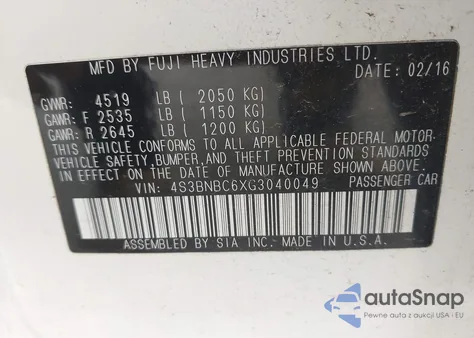 2016 Subaru Legacy 2.5I Premium из США, поврежденный, VIN 4S3BNBC6XG3040049